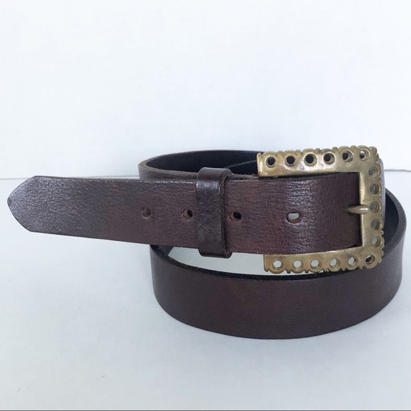 Boston Traders Smooth Brown Leather Belt Scallop Solid Brass Hardware Buckle - Picture 1 of 4